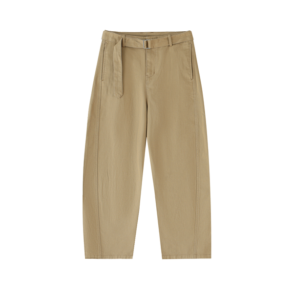 Fashion Solid Colour Women's Belted Barrel-leg Chino Pants Khaki