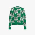 Tiger Head Pattern Women's Boxy Crew Neck Pullover Emerald Green