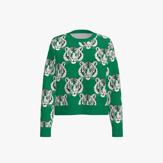 Tiger Head Pattern Women's Boxy Crew Neck Pullover Emerald Green