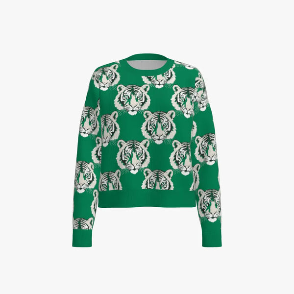 Tiger Head Pattern Women's Boxy Crew Neck Pullover Emerald Green