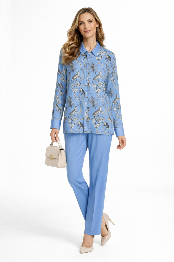 Cheetahs & Monkeys Women's Imitation Silk Shirt Suit Wedgewood Blue