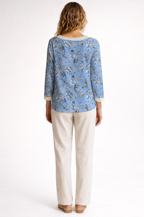Cheetahs & Leopards Women 's Long Sleeve Casual Top With Tie Collar Wedgewood Blue