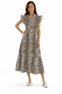 Classic Leopard Print Women's Ruffle Sleeve Tiered Midi Dress Multi