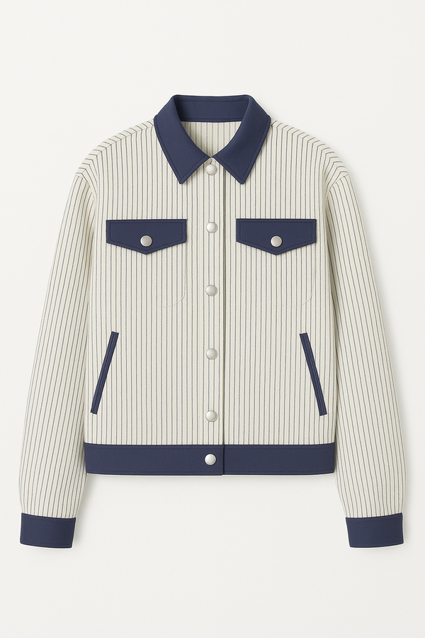 CLASSIC STRIPE PATTERN WOMEN'S LAPEL JACKET INDIGO BLUE