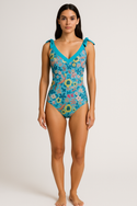 SUMMER HUMMING BIRD WOMEN'S SHOULDER ONE PIECE PADDED SWIMSUIT ELEGANT BLUE