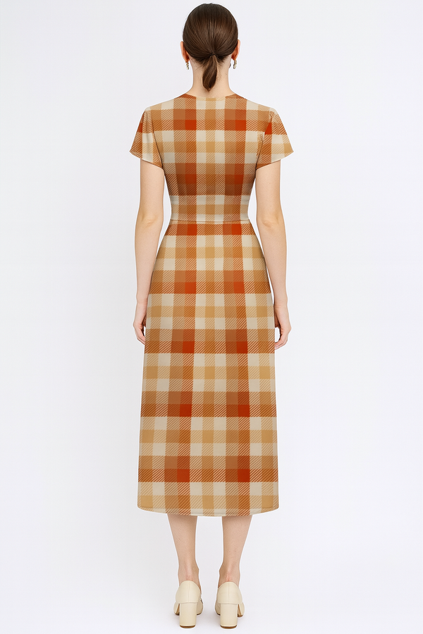 Colourful Orange Plaid Women's V-neck Flutter Sleeve Midi Dress Multi