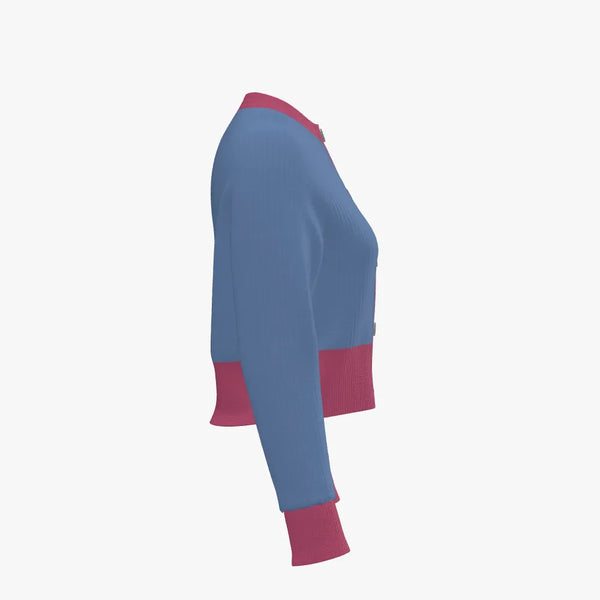 Two Tone Women's Merino Wool Cropped Cardigan Dusk Blue & Rouge