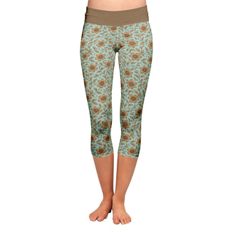 iced blue & gold flowers Women 's All-Over Print Yoga Capri Leggings bronzed gold
