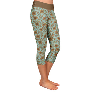 iced blue & gold flowers Women 's All-Over Print Yoga Capri Leggings bronzed gold