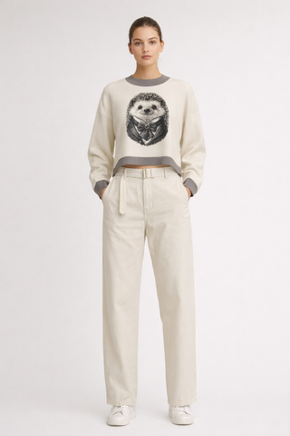 Dapper Hedgehog Women's Crew Neck Merino Wool Cropped Pullover Natural