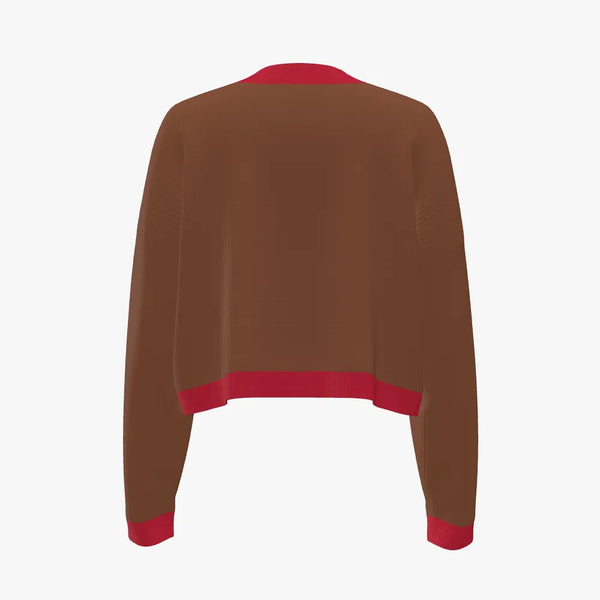Cat In Bow Women's Crew Neck Cropped Pullover Caramel