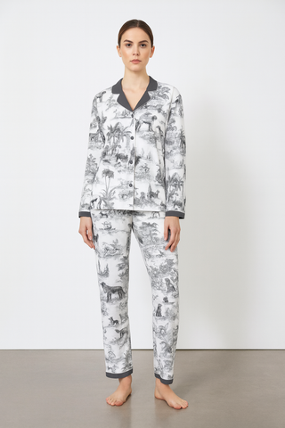 DOG TOILE WOMEN'S LONG SLEEVE PYJAMAS SET WITH WHITE CONTRASTING PIPING NIGHT GREY