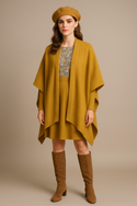 Fashion Colour Cable Knit Merino Wool Women's Poncho Gold