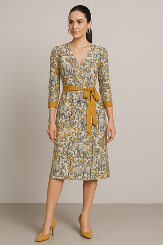 ELEPHANTS & TREES WOMEN'S 34 SLEEVE WRAP DRESS GOLDEN YELLOW