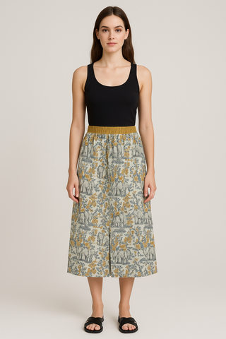 ELEPHANTS & TREES WOMEN'S FRONT MID-SLIT SKIRT GOLDEN YELLOW