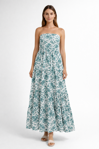 Embroidery Style Flowers Strapless Silk Dress Kingfisher Teal