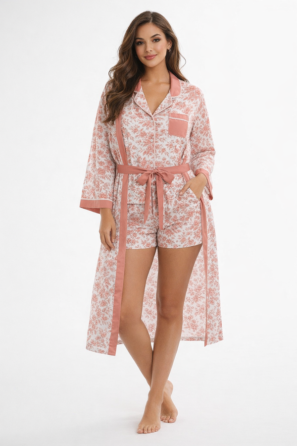 Embroidery Style Flowers Women's Satin Robe Sweet Coral