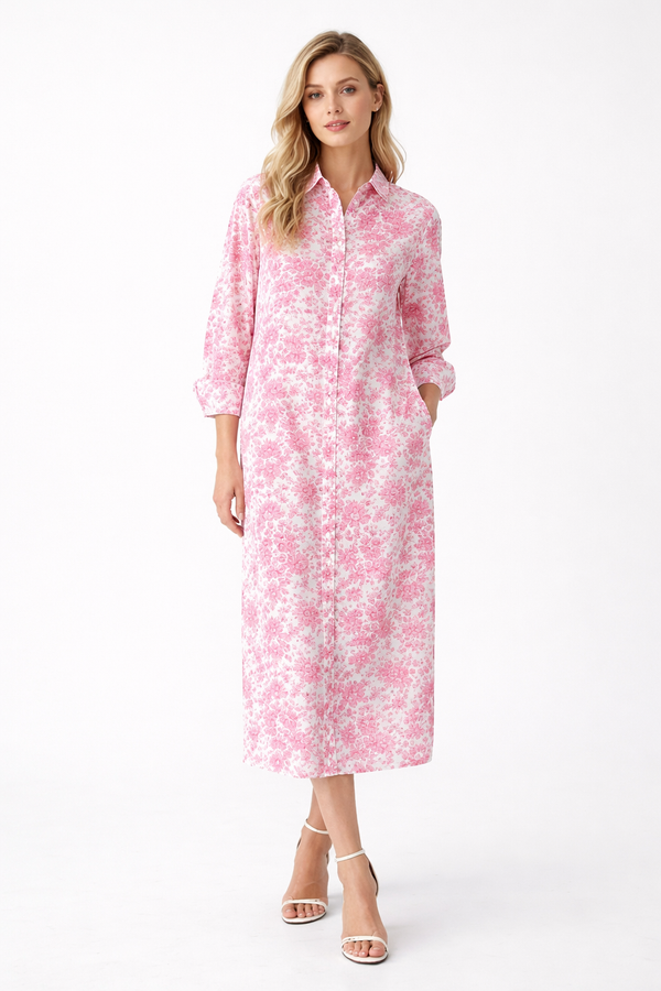 Embroidery Style Flowers Silk Shirt Dress Sweet Coral