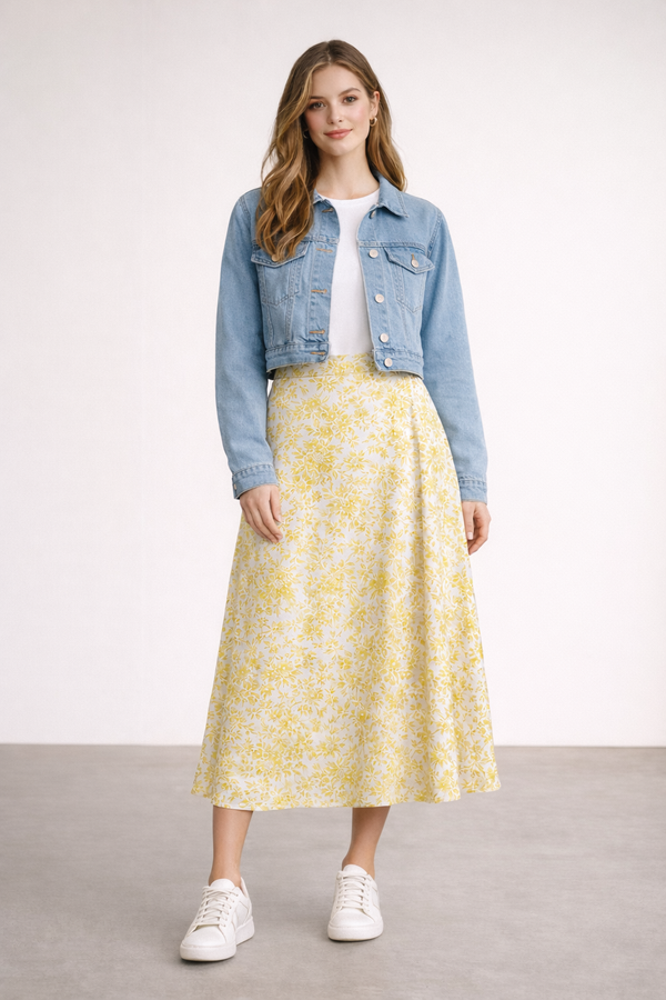 Embroidery Style Flowers Midi Skirt Spring Lemon