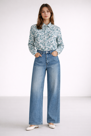 Embroidery Style Flowers Women's Work Shirt Kingfisher Teal