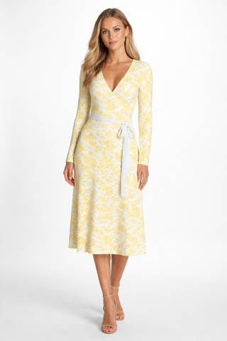 Embroidery Style Flowers Wrap Dress Spring Lemon