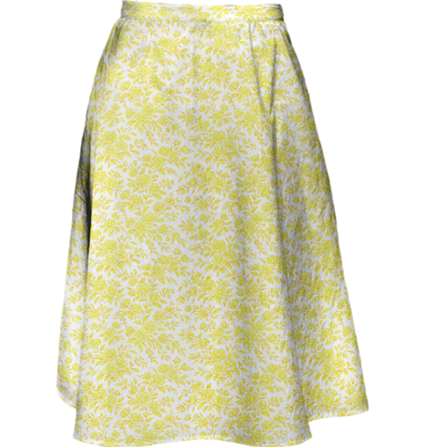 Embroidery Style Flowers Midi Skirt Spring Lemon