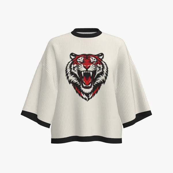 Roaring Tiger Face Women's Oversized Merino Wool Tee Nero
