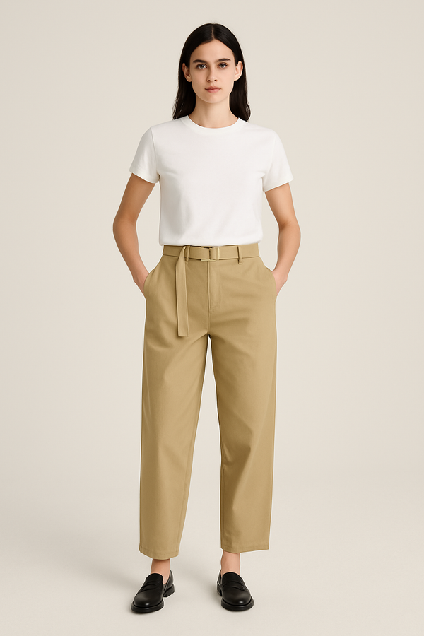 Fashion Solid Colour Women's Belted Barrel-leg Chino Pants Khaki