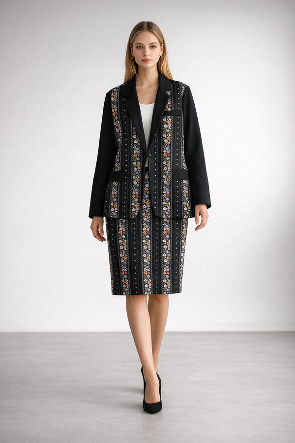Flower Stripes Women's Leisure Blazer Black
