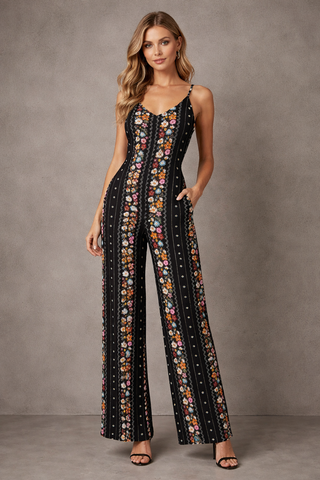 Flower Stripes Women's Floral Spaghetti Strap Wide Leg Jumpsuit Black