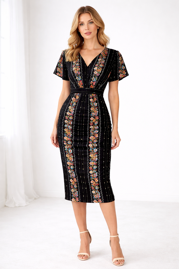 Flower Stripes Women's V-neck Pleated Dress Black