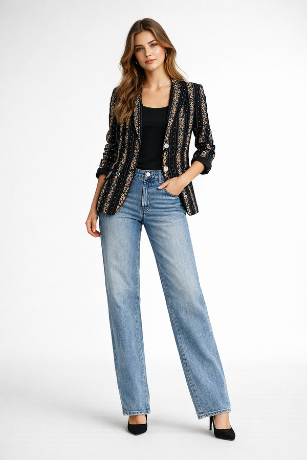 Flower Stripes Women Suit Jacket Black