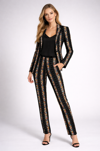 Flower Stripes Women Suit Trousers Black