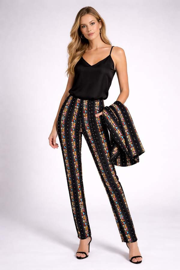 Flower Stripes Women Suit Trousers Black