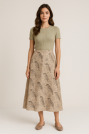 FOREST BIRDS A-LINE MIDI SKIRT BEACH BEIGE