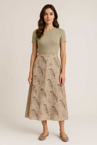 FOREST BIRDS A-LINE MIDI SKIRT BEACH BEIGE