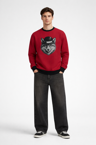 Fox In Bowler Hat Men's Oversized Crew Neck Pullover Ruby Red