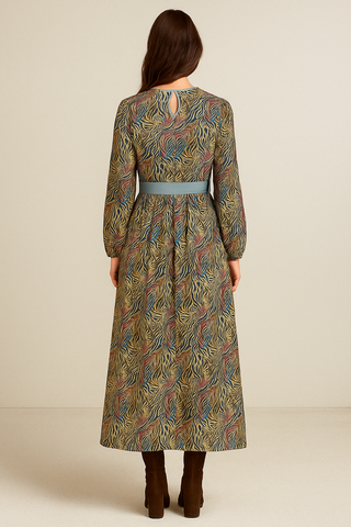 FUNKY ANIMAL PRINT ROUND NECK NELTED MAXI DRESS SUMMER BLUE