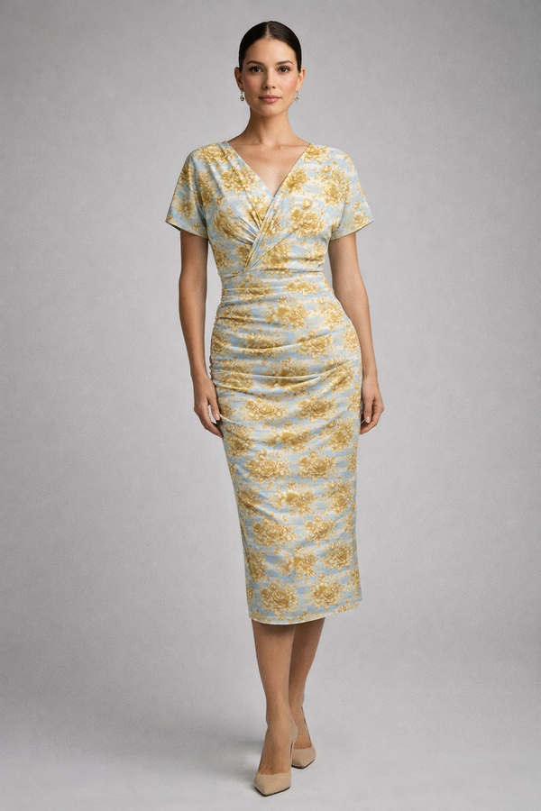 Gold Flowers & Stripes Women's V-neck Pleated Dress Multi