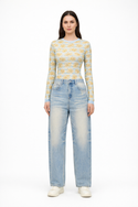 Gold Flowers & Stripes Women's Long Sleeve Bodysuit Light Spring Blue