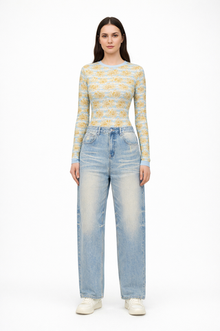 Gold Flowers & Stripes Women's Long Sleeve Bodysuit Light Spring Blue