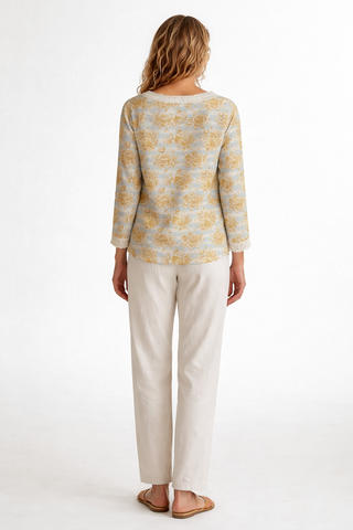 Gold Flowers & Stripes Women's Long Sleeve Casual Top With Tie Collar Light Spring Blue