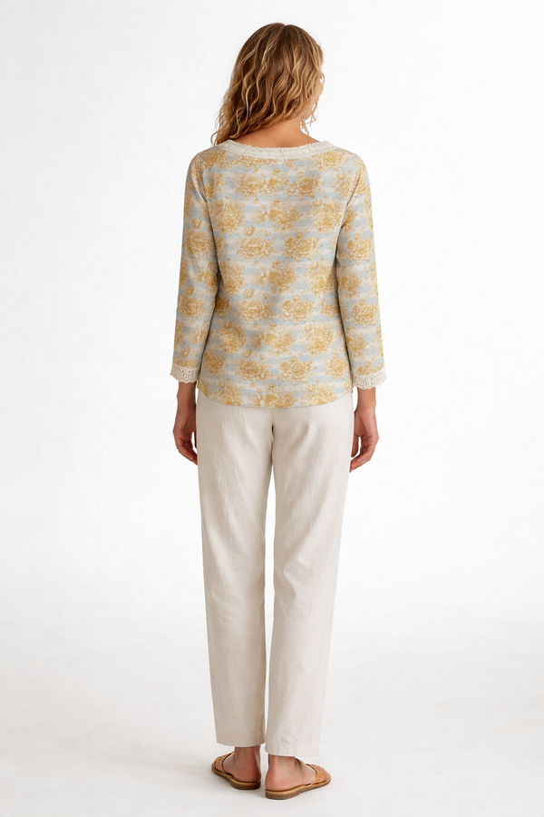 Gold Flowers & Stripes Women's Long Sleeve Casual Top With Tie Collar Light Spring Blue
