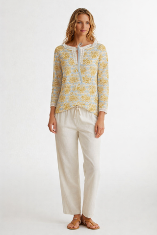 Gold Flowers & Stripes Women's Long Sleeve Casual Top With Tie Collar Light Spring Blue