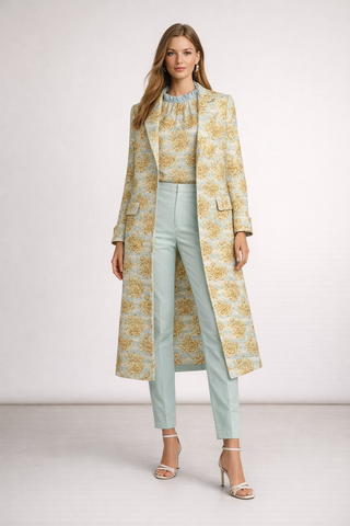 Gold Flowers & Stripes Women's Neoprene Trench Coat Multi