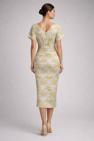 Gold Flowers & Stripes Women's V-neck Pleated Dress Multi