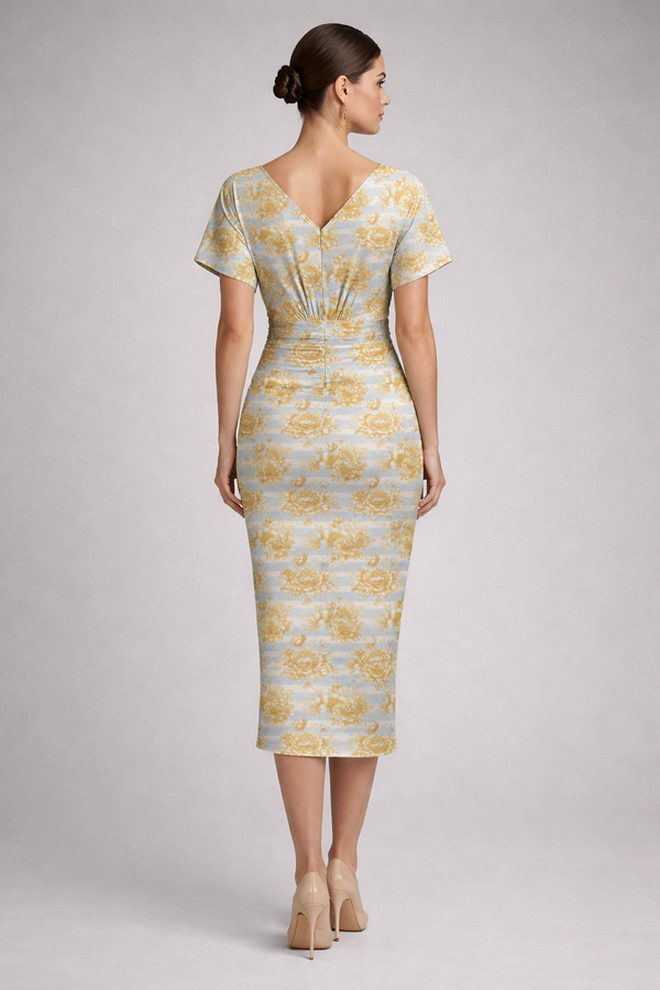 Gold Flowers & Stripes Women's V-neck Pleated Dress Multi