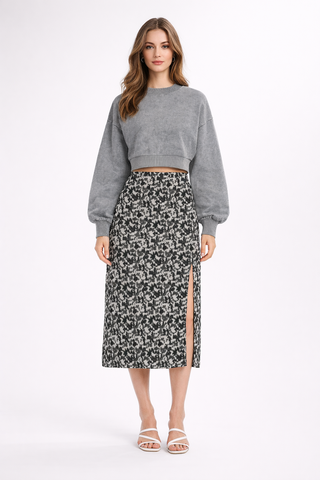 Mineral Wash Women's Balloon Sleeve Cropped Sweater Grey