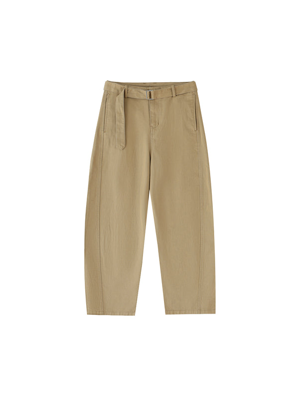 Fashion Solid Colour Women's Belted Barrel-leg Chino Pants Khaki