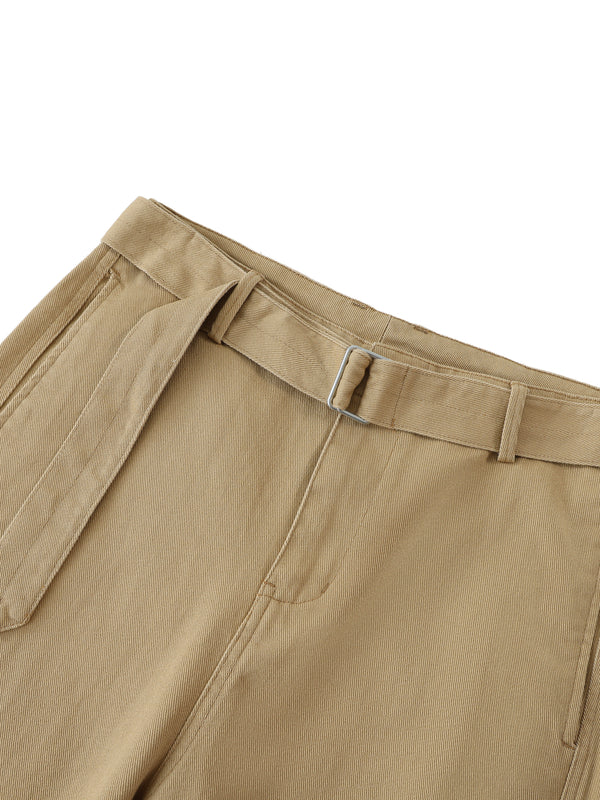 Fashion Solid Colour Women's Belted Barrel-leg Chino Pants Khaki